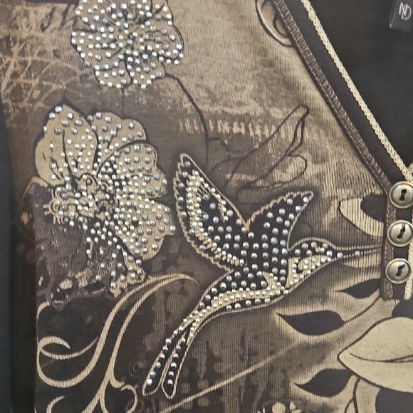 New Directions Black and Tan Graphic 3/4 Sleeve Blouse - Picture 3 of 7